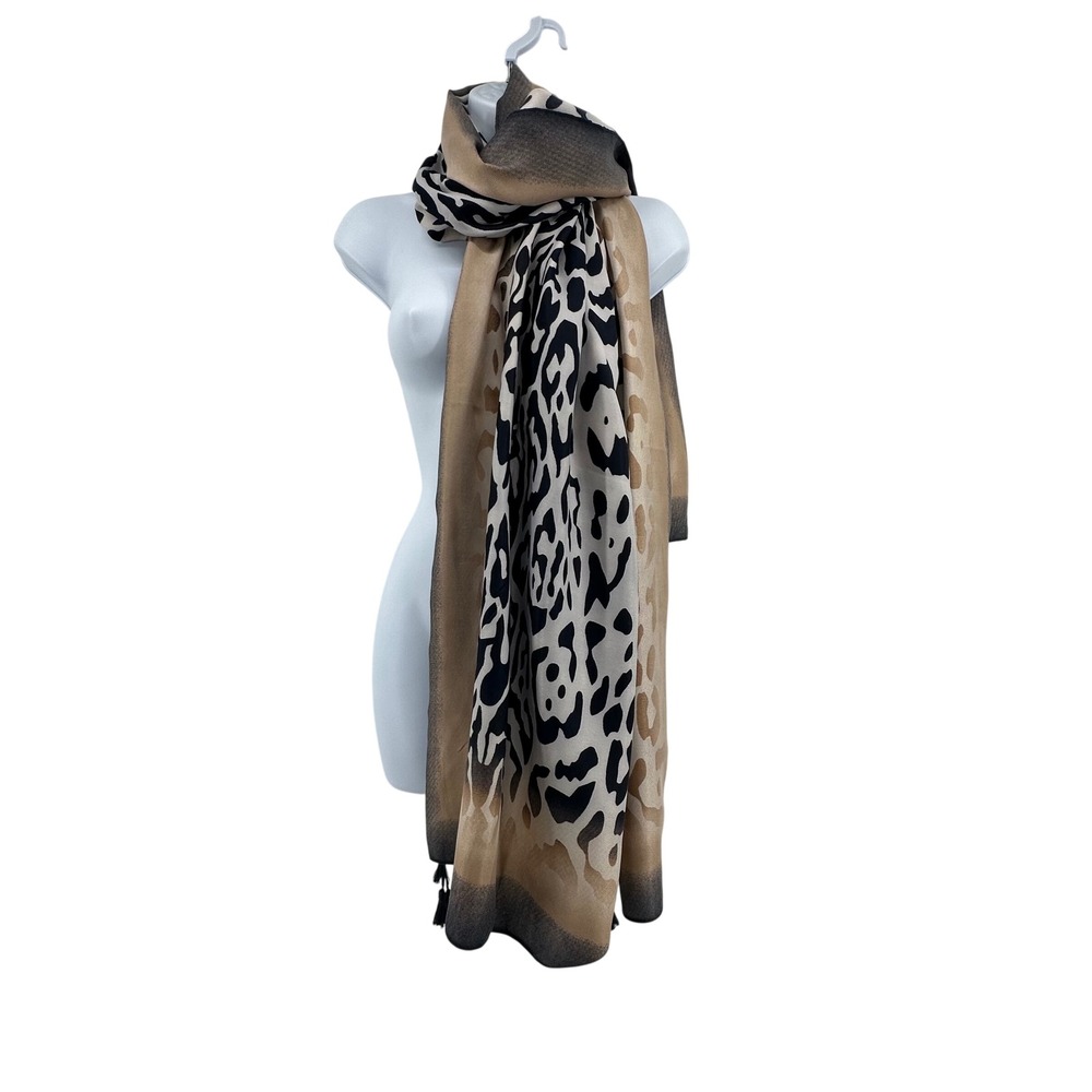 Leopard Animal Print Scarf Wrap Women Tan Black Tassels Boho Mob Wifeโ Safari